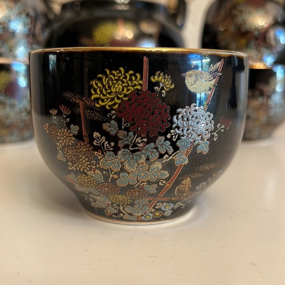 Vintage Japan Tea set black gilded floral bird teapot set with 5 gold trim cups - Picture 5 of 14